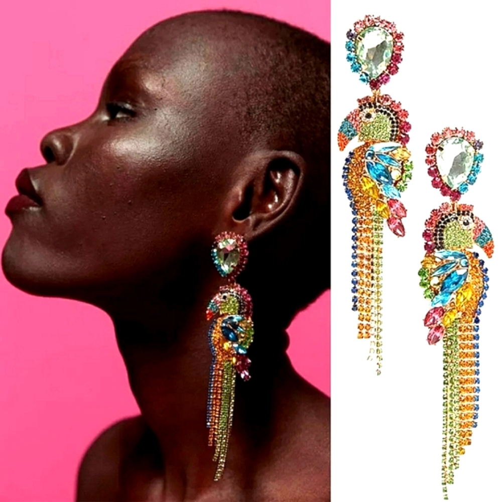 Restocked: "Keat" glamorous colorful parrot bird earrings, multi-colour - Picture 4 of 8